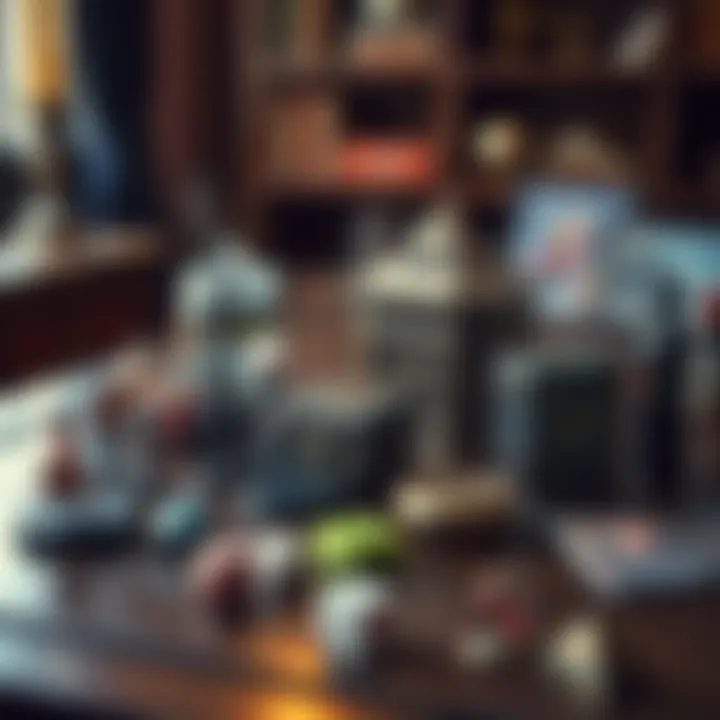 A table displaying unique and creative gifts for a DnD campaign celebration, including character figurines, custom dice, and themed artwork.