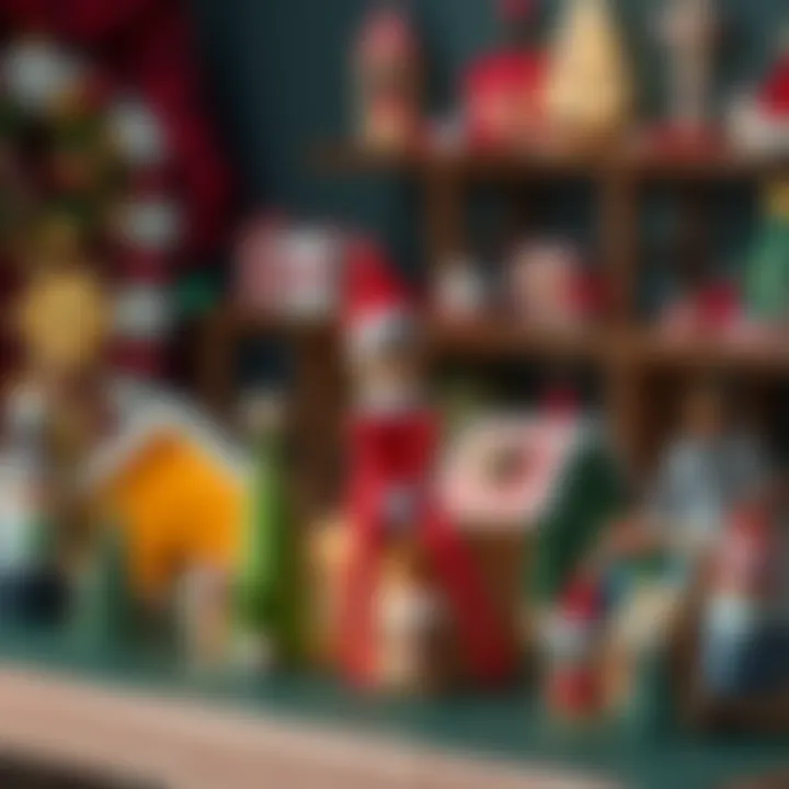 A variety of festive Elf on a Shelf ideas displayed on a table, including handmade decorations and playful scenes, showcasing holiday cheer.