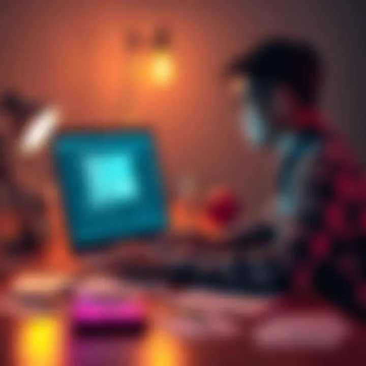 A person brainstorming ideas with a laptop showing a glitch on the screen, surrounded by sketches and notes.