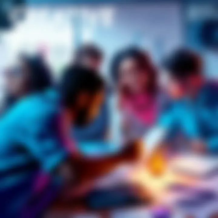 A group of diverse characters brainstorming plot ideas for a story, with sketches and notes around them