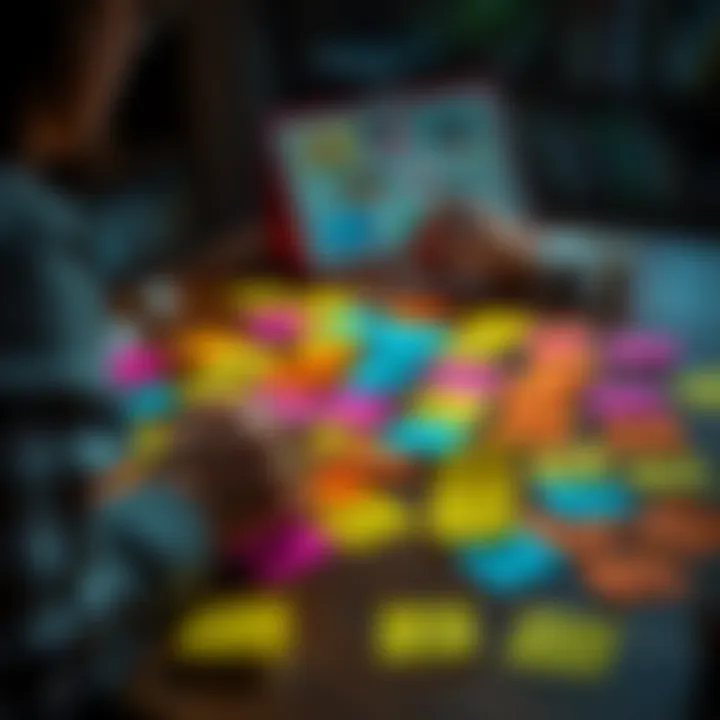 Creative project naming A person brainstorming names with colorful sticky notes on a table