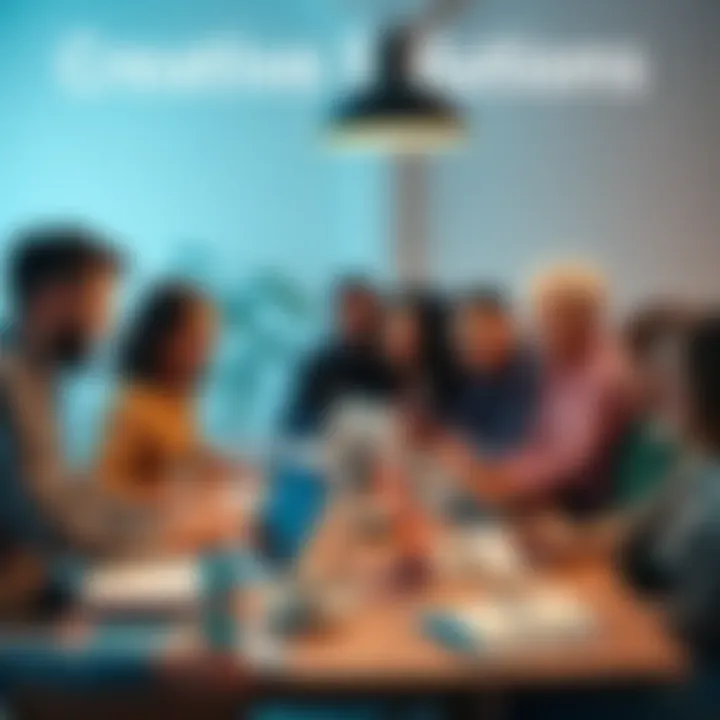 A group of diverse people brainstorming ideas around a table with notebooks and laptops.