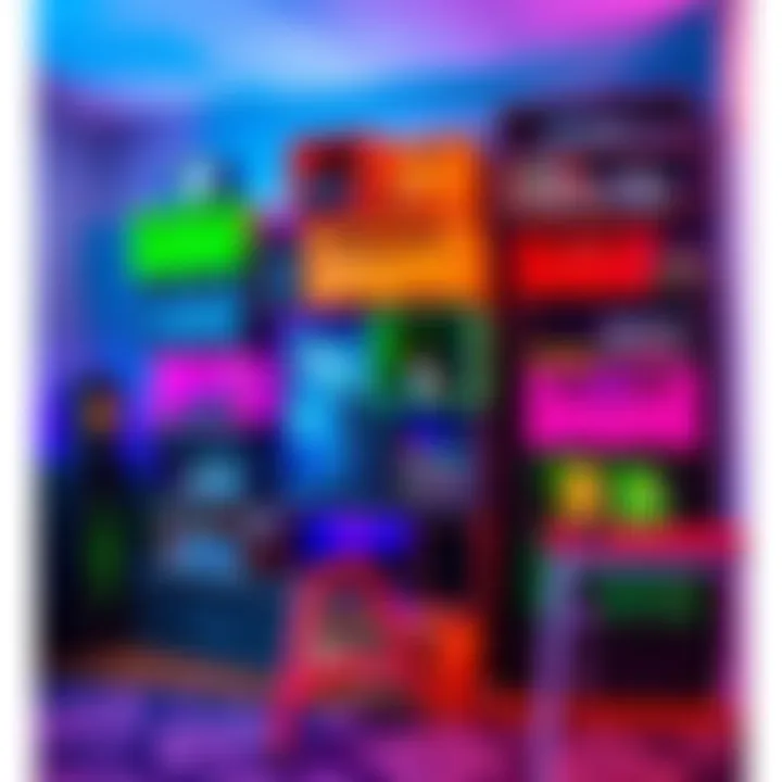 A colorful display of decommissioned game crates repurposed as storage and decor in a gaming room