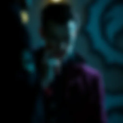 Creative villain portrayal A dramatic scene showing a villain in a thoughtful pose, surrounded by shadows, highlighting complexity instead of typical evil traits.