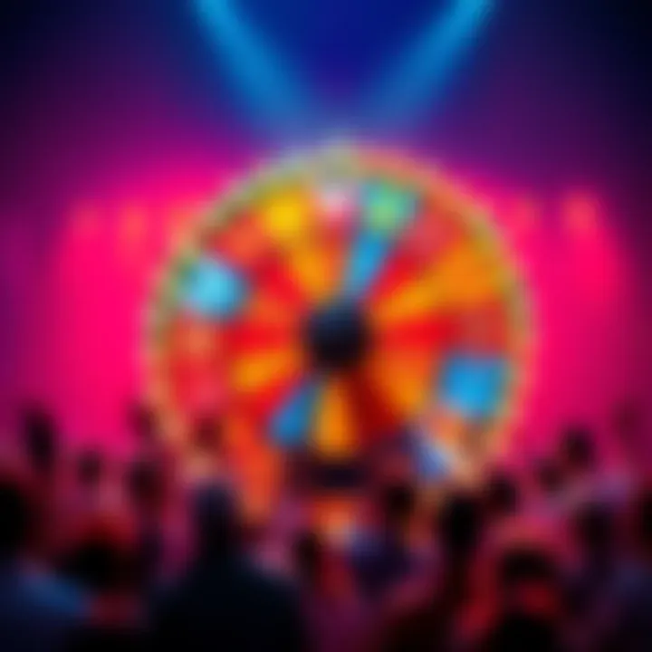 Creative Wheel of Death A colorful spinning wheel with fun prizes and activities on it, surrounded by cheering people engaged in the game.