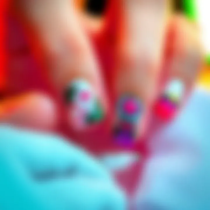 A nail artist showcasing detailed RE-themed nails with bright colors and unique designs, highlighting the artistic process behind them.