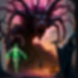Illustration of various creative Big Bad Evil Guys for a fantasy campaign, including a giant tree monster, a cunning trickster fairy, and a shadowy warlock, all in a mystical setting.