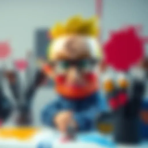 A colorful, customized character named Bob, showcasing unique features and styles, surrounded by art tools like paintbrushes and palettes.