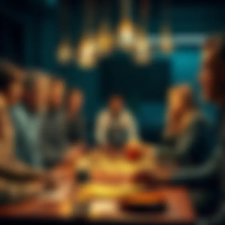 A group of diverse people gathered around a table, sharing ideas on post-it notes, with light bulbs representing innovation above them.