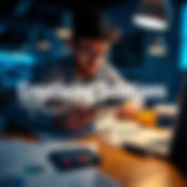 A person reviewing finances with a calculator and budgeting tools on a table, looking focused and determined to manage expenses effectively.