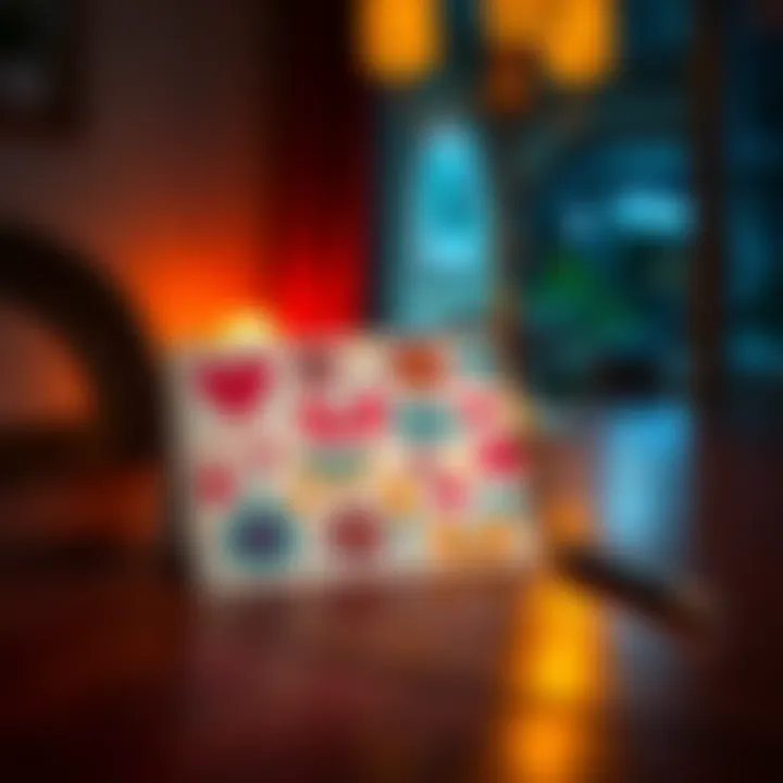 A colorful handmade card with unique patterns and designs, sitting on a wooden table with a pen nearby, illuminated by soft night light.