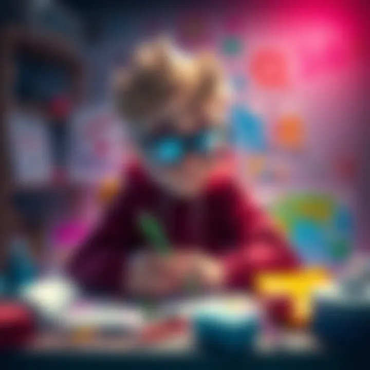 An artist brainstorming names for a new character with colorful sketches and notes around them.