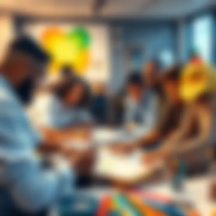 Creative Collaboration A group of diverse people brainstorming ideas together, surrounded by colorful art materials and sketches, showcasing creativity and inspiration.