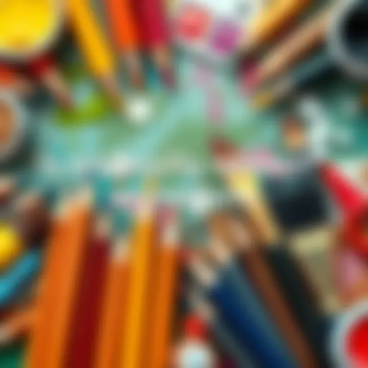 A colorful collage of art supplies including pencils, paints, and brushes, symbolizing creativity and expression.