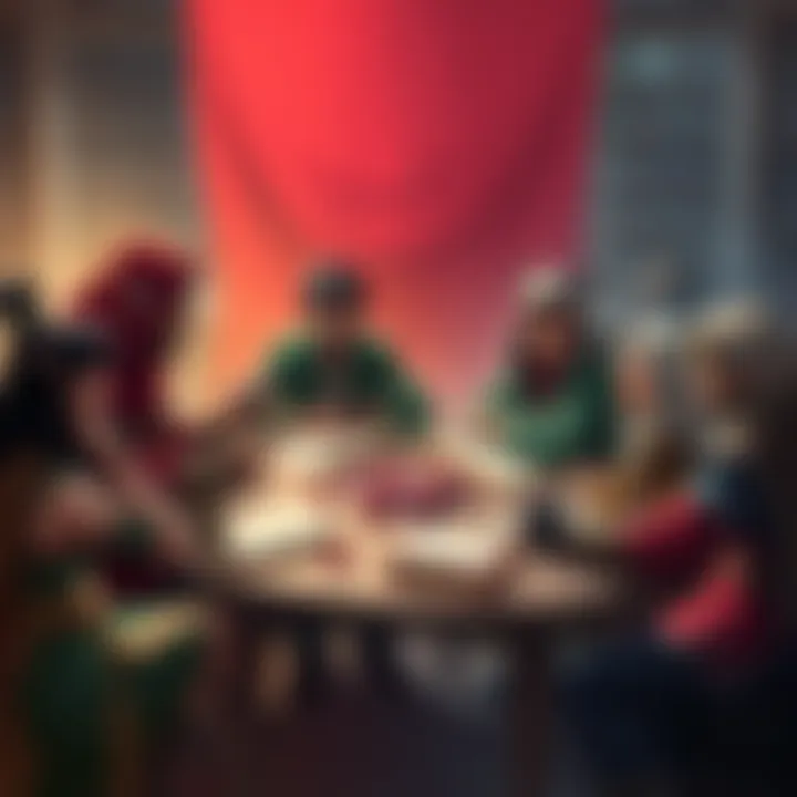 A group of diverse D&D characters brainstorming homebrew lore around a table with dice and books