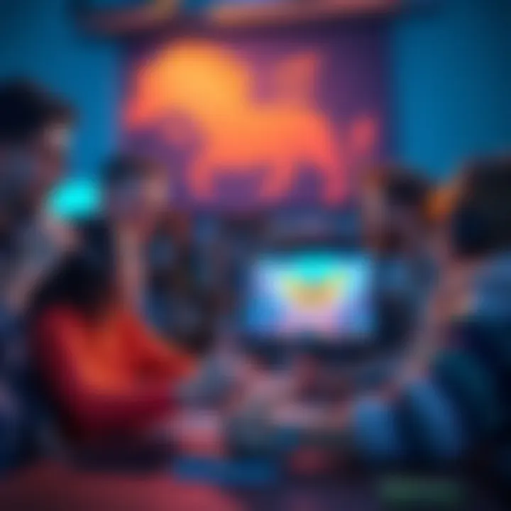 Creative debate among friends A group of friends discussing a quick creation on a forum, one pointing at a screen showing game art.