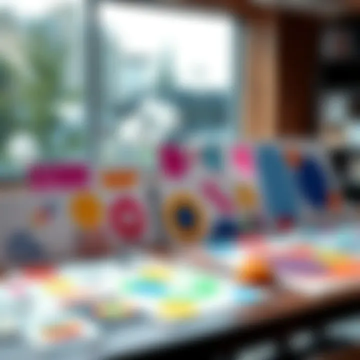 A collection of unique and colorful design templates displayed on a table, showcasing unconventional shapes and patterns that inspire creativity.
