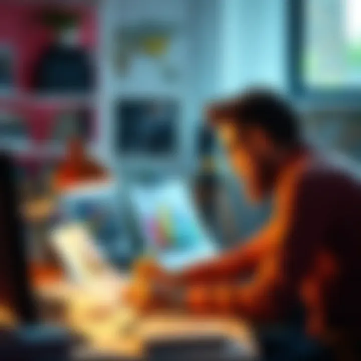 Creative Director at Work A creative director working on a project, surrounded by sketches and color swatches, focusing intently on refining ideas.