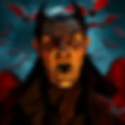 A striking artistic interpretation of Dracula with a cape and fangs, surrounded by bats and a dark background.