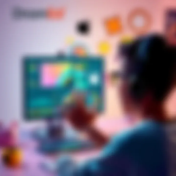 A person using the DromEd editor, showcasing various creative tools and features on their screen, with a colorful interface and playful designs around them.