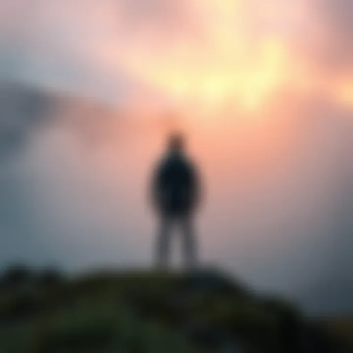 A person standing at the edge of a misty landscape, looking towards blurred boundaries that spark creativity and thought.