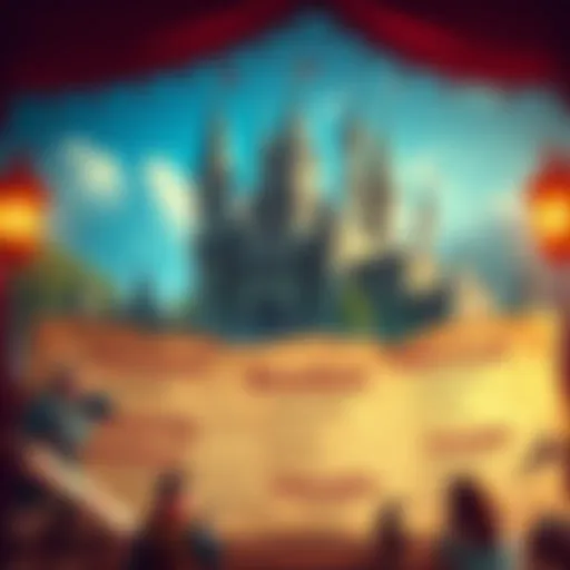 A collection of funny and creative fake ID names displayed on parchment in a whimsical fantasy setting. The background features a castle and a group of adventurers planning together.