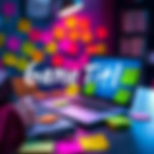 A colorful brainstorming session with game titles written on sticky notes and a laptop