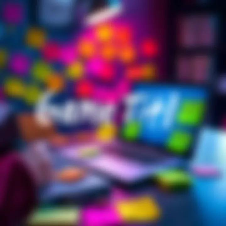 Creative Game Title Ideas A colorful brainstorming session with game titles written on sticky notes and a laptop