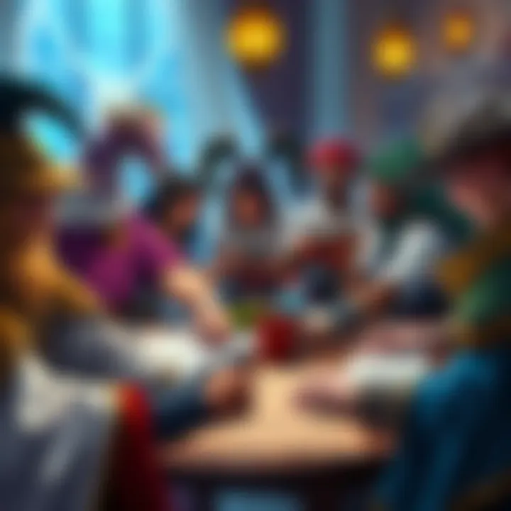 A group of diverse fantasy characters gathered around a table, sharing ideas for a custom homebrew race in a vibrant setting with notes and sketches visible.