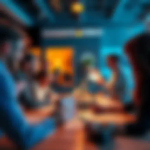 A group of people discussing creative ideas with excitement in a vibrant setting, showcasing a variety of illustrations and notes on a table.