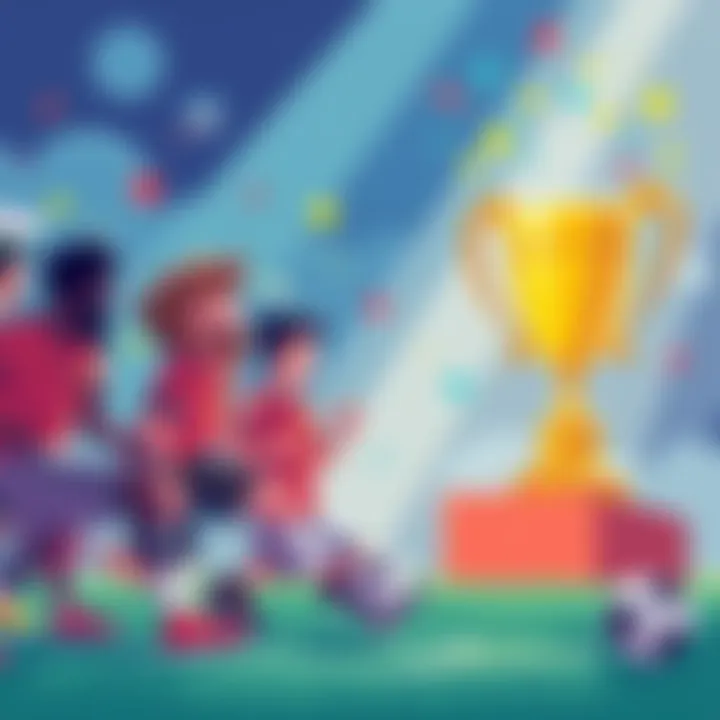 A vibrant illustration showing players brainstorming and showcasing funny kickoff strategies, with a trophy in the background, representing competition spirit.
