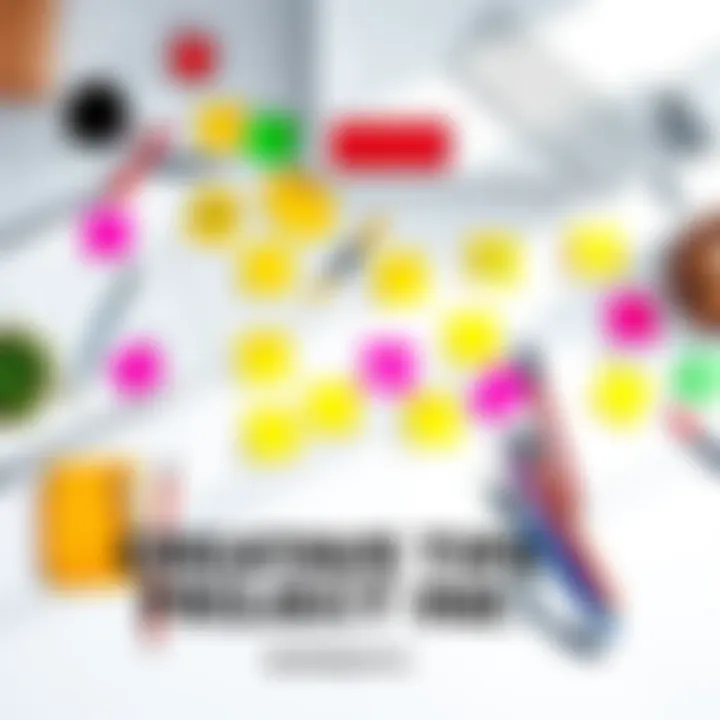 A bright workspace featuring colorful sticky notes, sketches, and creative tools laid out to inspire innovative project ideas.