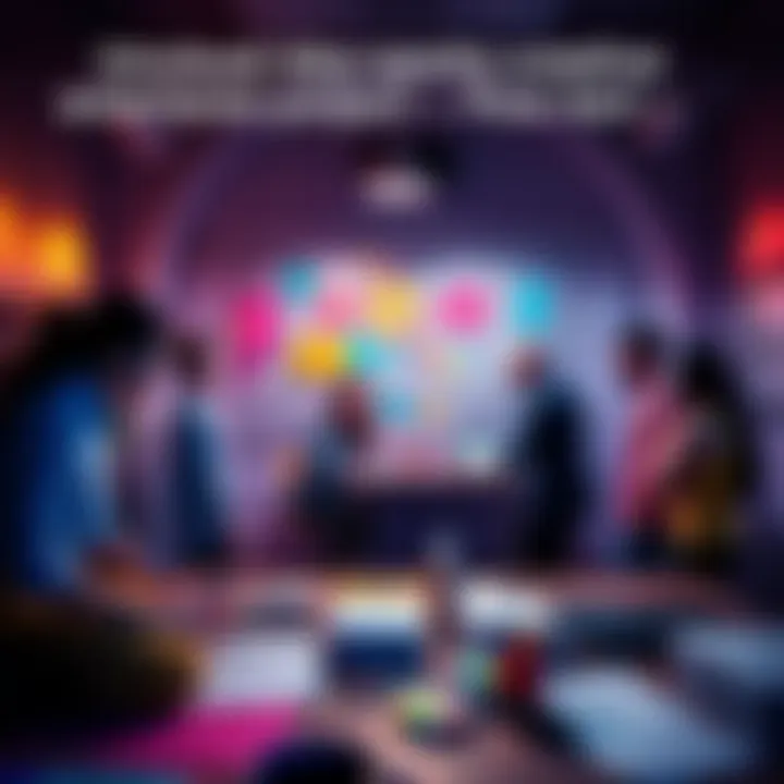 A group of people brainstorming and sharing ideas in a colorful workspace, surrounded by sketches and creative materials.