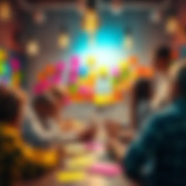 Creative Project Naming A colorful brainstorming session with people writing names on sticky notes, surrounded by lightbulbs and inspiration boards.