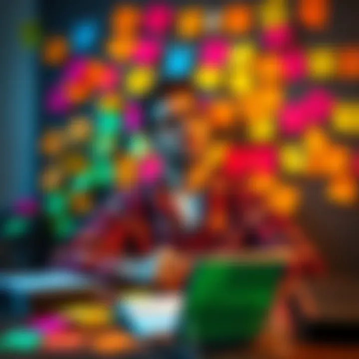 Creative Project Naming Ideas A person brainstorming names for a project, surrounded by colorful sticky notes and a notebook, looking thoughtful.