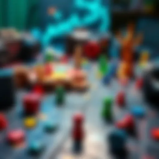 A tabletop setup featuring colorful game pieces and puzzle elements for a role-playing game