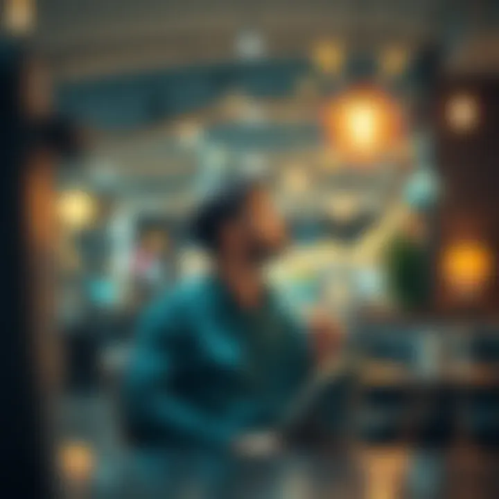 A person with a notebook, looking inspired while sitting in a café. Lightbulbs and ideas swirl around them, symbolizing sudden creativity.