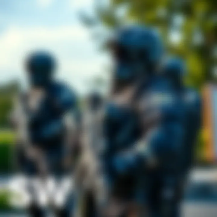 A visually striking SWAT uniform with modern tactical gear and unique patterns, displayed in an outdoor setting.