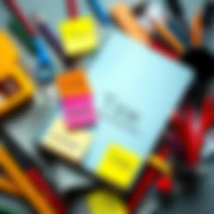 Creative Title Ideas A colorful notebook with various title ideas written on sticky notes, surrounded by art supplies