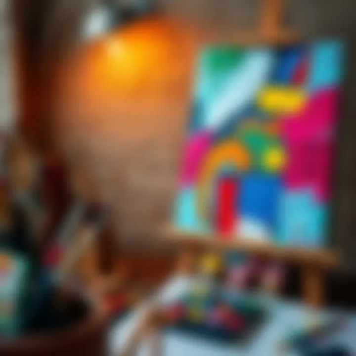 An artist's workspace with colorful paints and brushes next to a canvas showcasing a vibrant abstract piece.