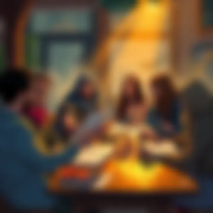 A group of friends gathered around a table with character sheets and dice, discussing unique backstories for their TTRPG game.