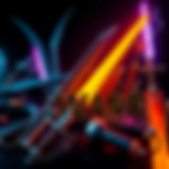 A collection of unique weapons including swords, futuristic gadgets, and magical items for different gaming classes