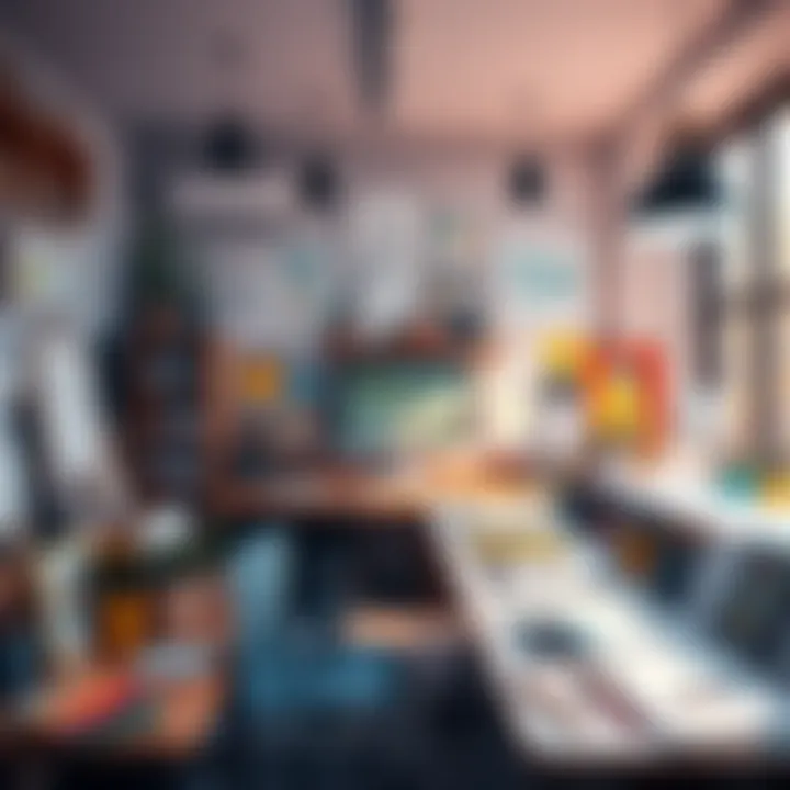 Creative Workspace A bright and inspiring workspace filled with art supplies and sketches, showcasing creativity and imagination.