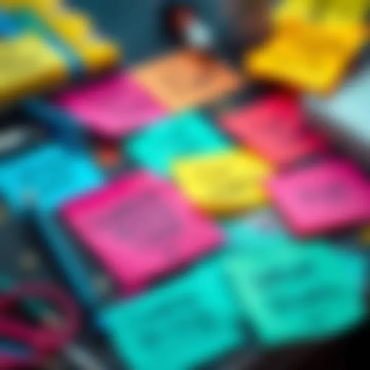 A collection of colorful sticky notes with creative writing titles and ideas written on them, arranged on a desk.