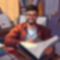 Creator with Sketches A comic creator surrounded by sketches and drawings, smiling while sharing news about upcoming projects and family life