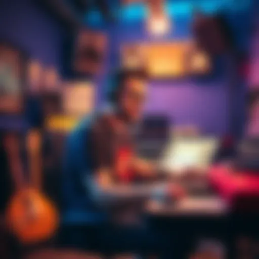 A music creator working in a recording studio, surrounded by instruments and sound equipment, focused on producing 'glorp' songs.