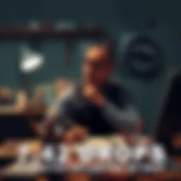 A thoughtful artist sitting at a desk with a sketchbook, looking pensive and reflective, surrounded by art supplies and a dimly lit room