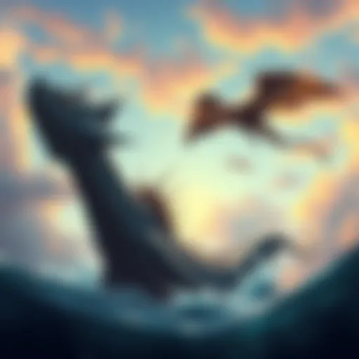 Fan-made creature concept art A depiction of Debeorgal, a giant sea creature inspired by ancient leviathans and gulper eels, alongside Moreskeron, a wyvern-like creature featuring angelic designs, soaring through a colorful sky.