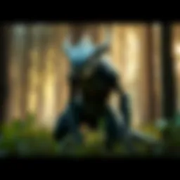 A creature with distinct green color and black patches, possibly Rathian, stands in a forest setting surrounded by trees