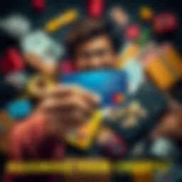 A person holding a credit card surrounded by various items like coffee, travel tickets, and gadgets symbolizing purchase options with credits.